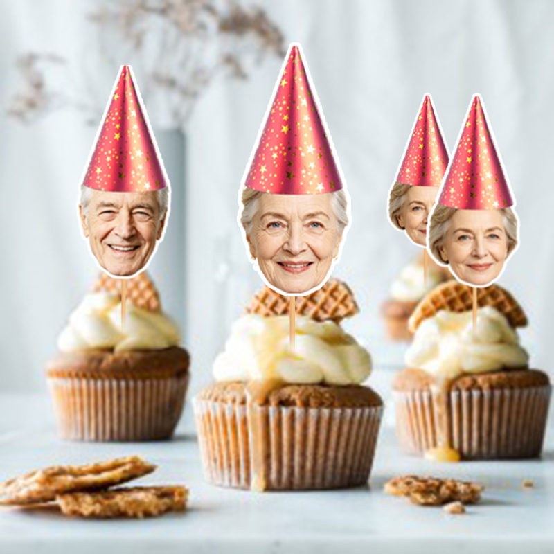 Party Hat Cone - 12/24 stuks gepersonaliseerde cupcake-toppers met foto,
